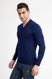 Mavi V Yaka Slim Fit Dar Kesim Yünlü Triko Kazak-Abdullah Ki??l?
