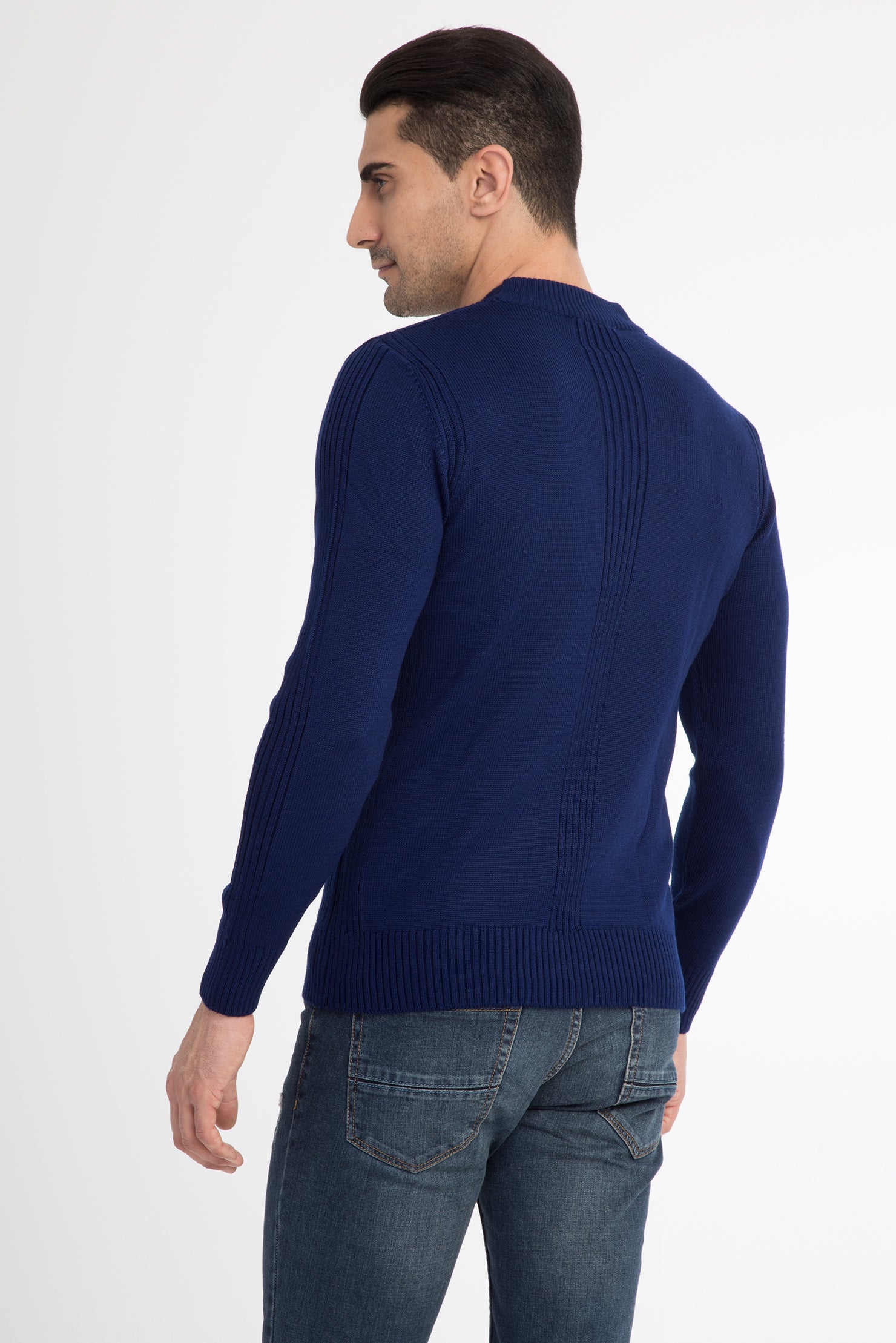 Mavi V Yaka Slim Fit Dar Kesim Yünlü Triko Kazak-Abdullah Ki??l?