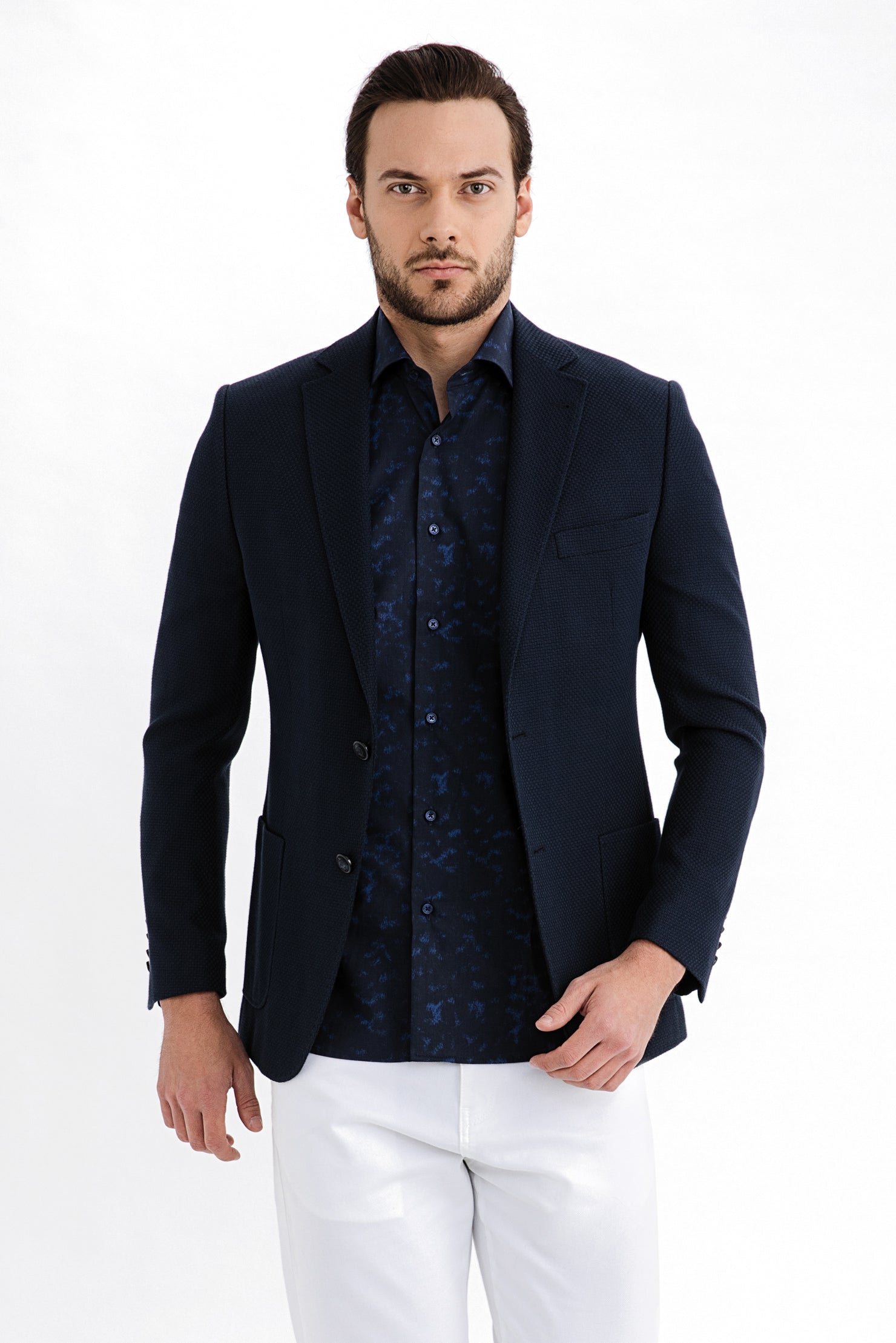 Lacivert İtalyan Yünlü Desenli Ceket