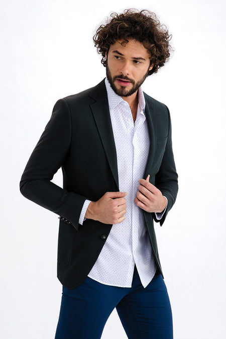 Koyu Yesil İtalyan Yünlü Desenli Ceket