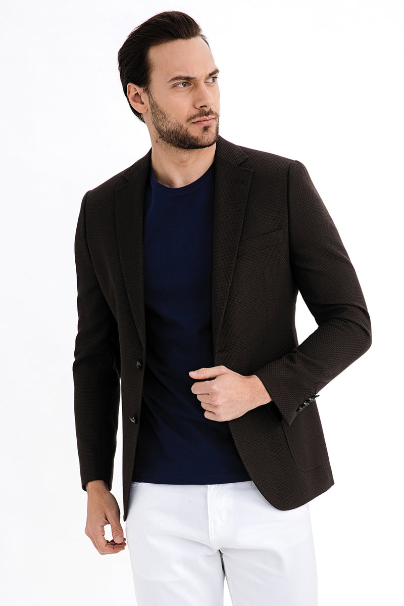 Koyu Kahve İtalyan Yünlü Desenli Ceket