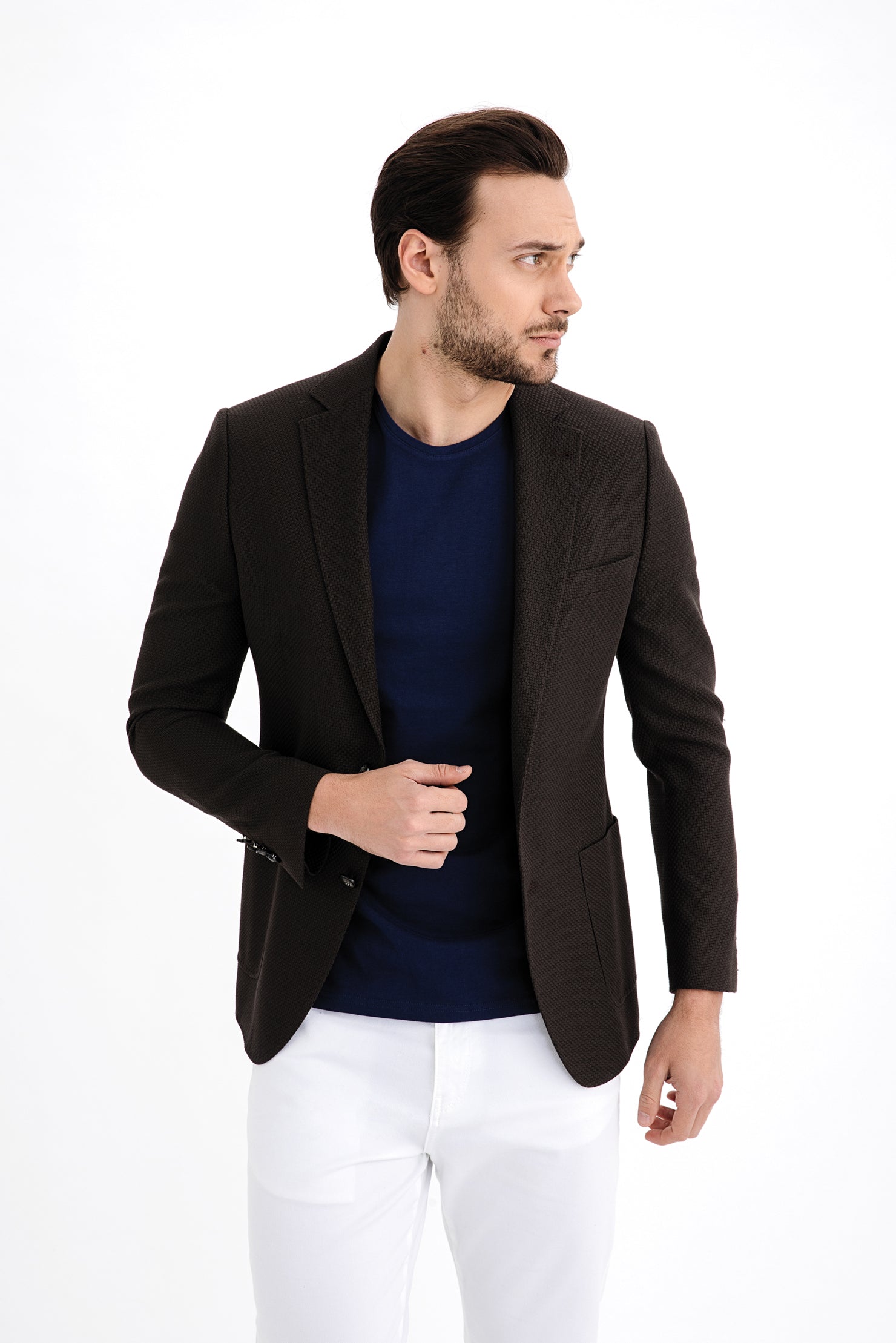 Koyu Kahve İtalyan Yünlü Desenli Ceket