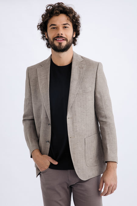 Bej İtalyan Ekose Keten Ceket