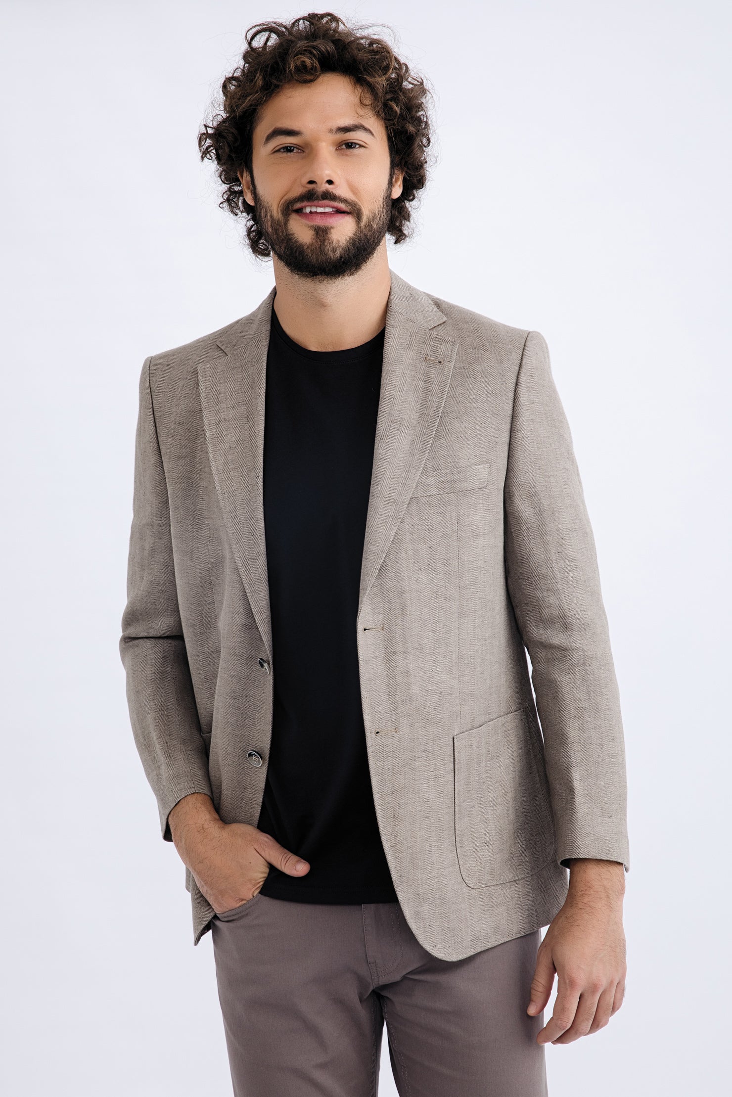 Bej 4 Drop Relaxed Fit Rahat Kesim ?talyan Ekose Keten Ceket-Abdullah Ki??l?