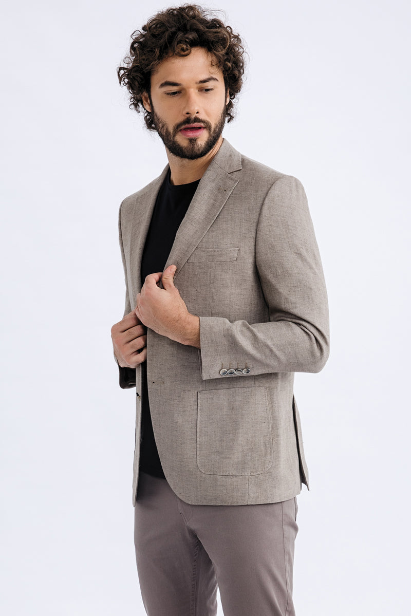Bej İtalyan Ekose Keten Ceket