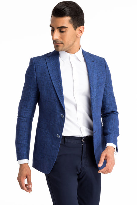 Koyu Mavi İtalyan Keten Ekose Ceket