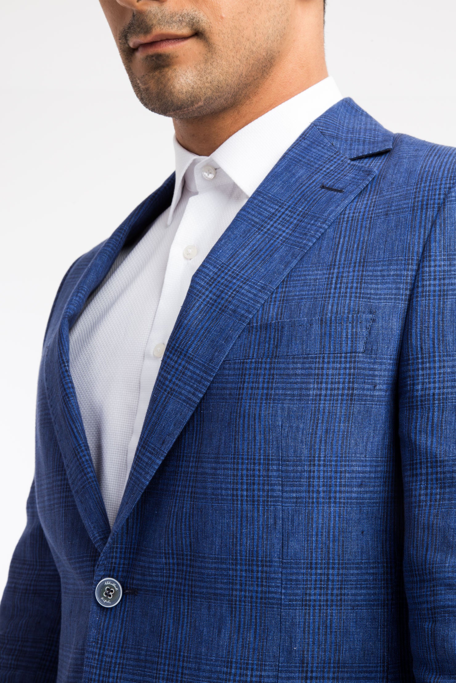 Koyu Mavi İtalyan Keten Ekose Ceket