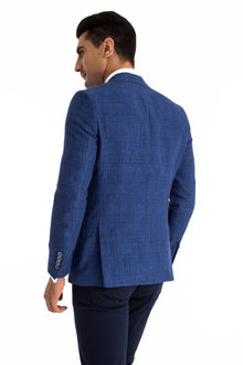 Koyu Mavi İtalyan Keten Ekose Ceket