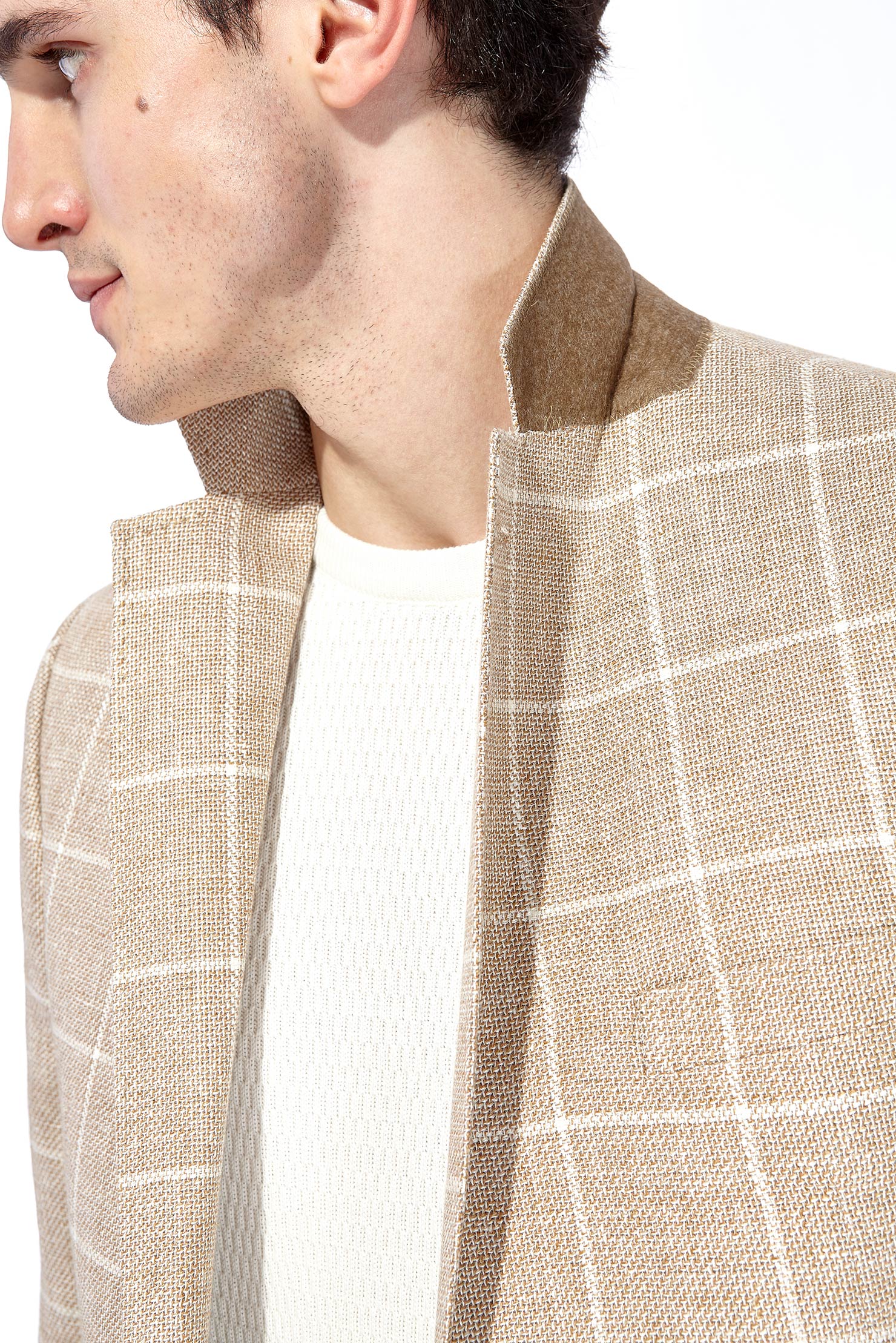 Açık Kahve - Camel İtalyan Yünlü Kareli Ceket