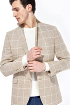 Açık Kahve - Camel İtalyan Yünlü Kareli Ceket