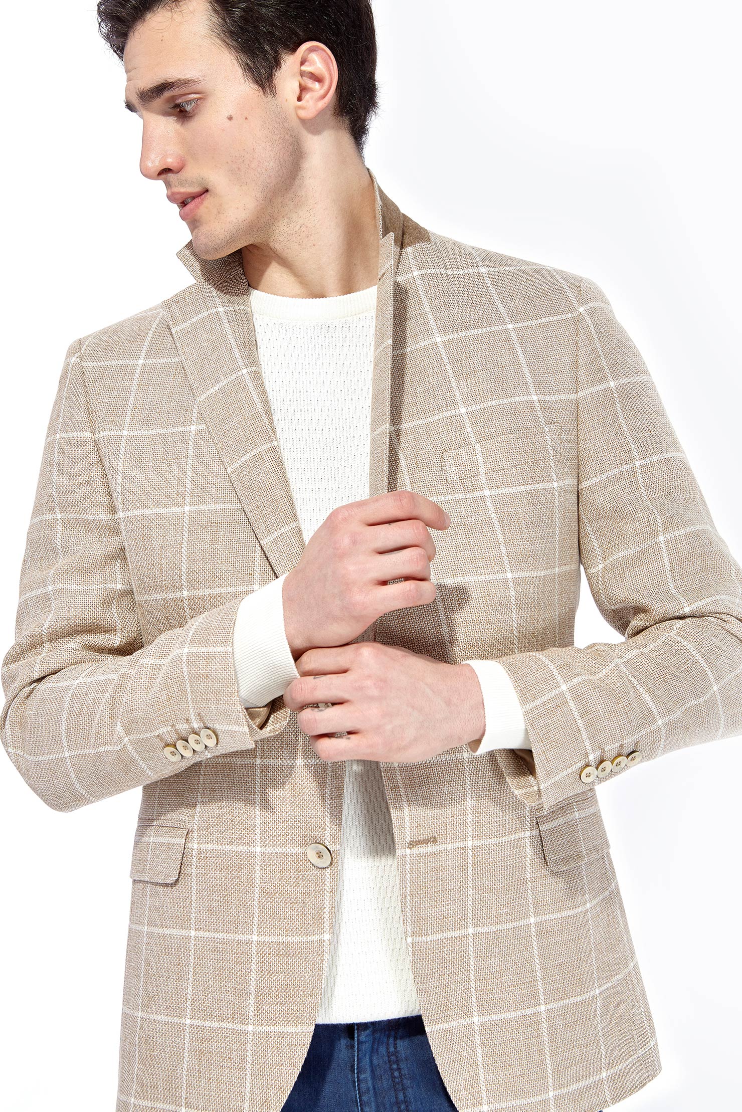 Açık Kahve - Camel İtalyan Yünlü Kareli Ceket