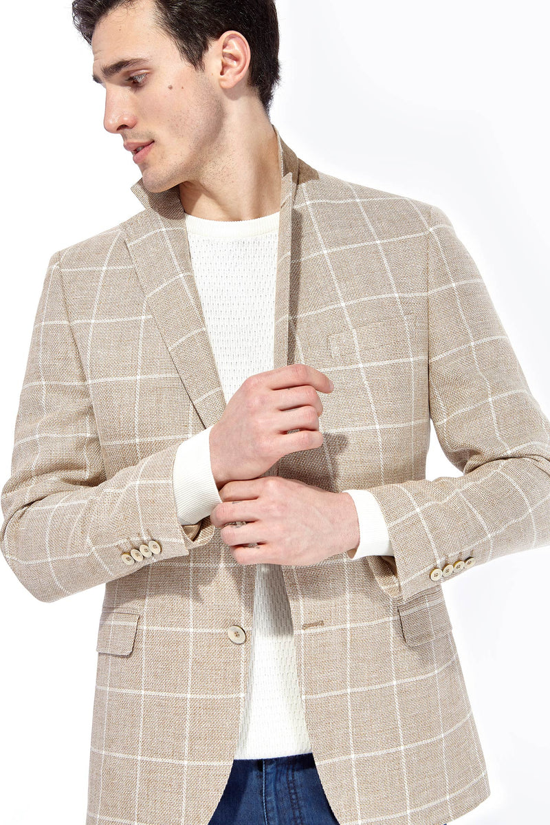 Açık Kahve - Camel İtalyan Yünlü Kareli Ceket