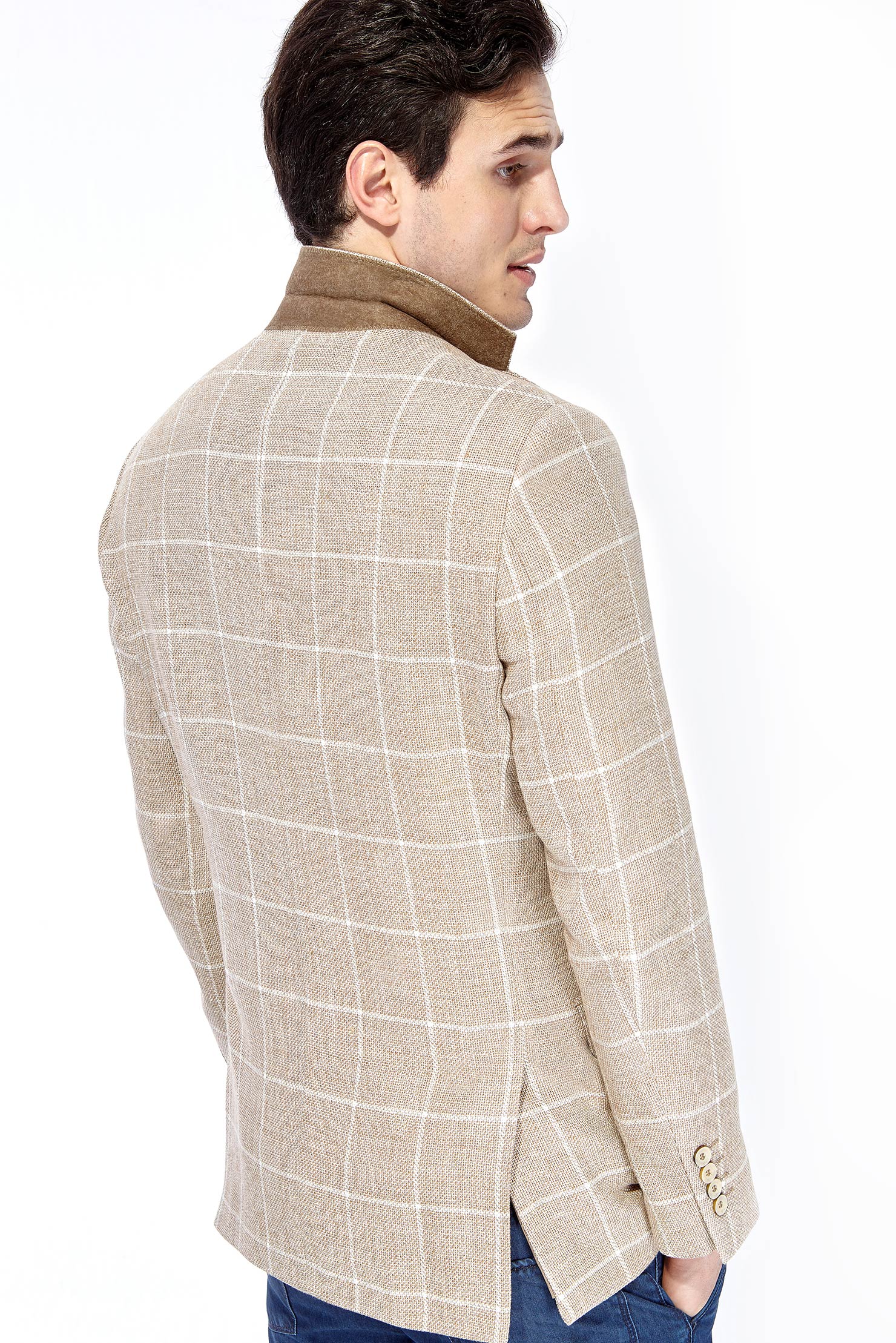 Açık Kahve - Camel İtalyan Yünlü Kareli Ceket