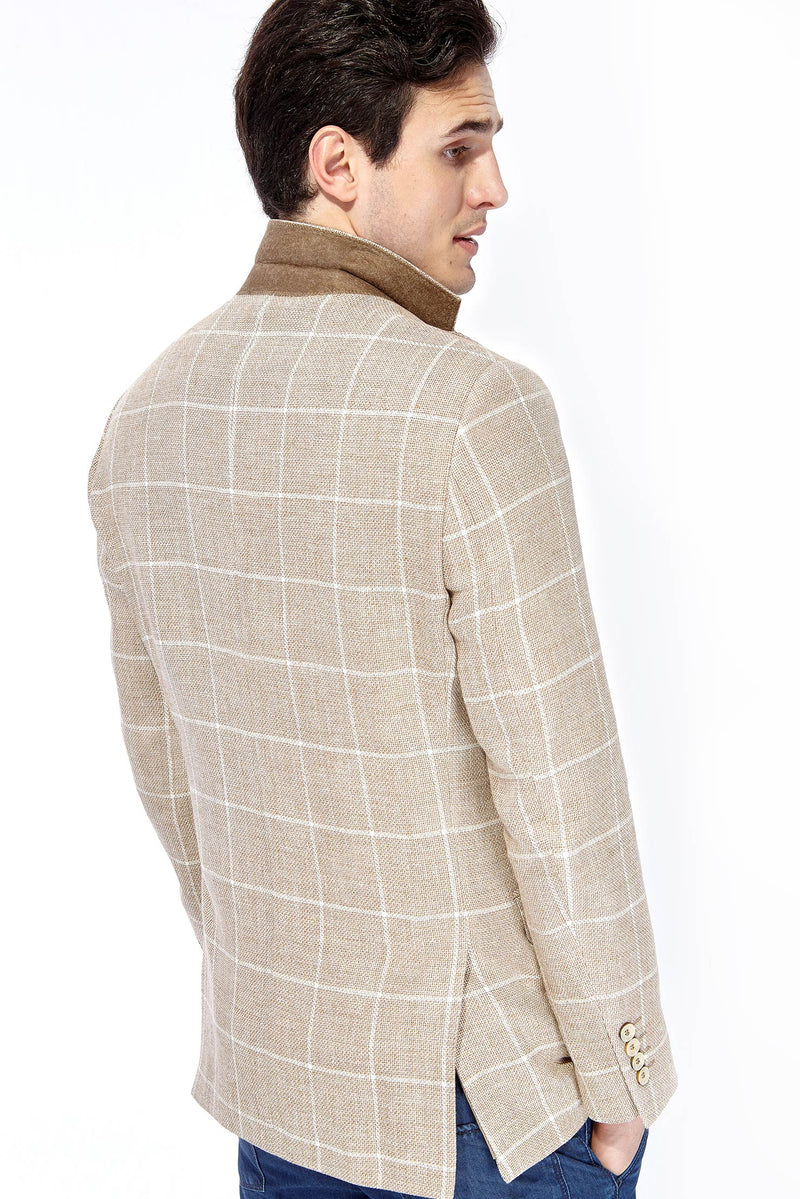 Açık Kahve - Camel İtalyan Yünlü Kareli Ceket