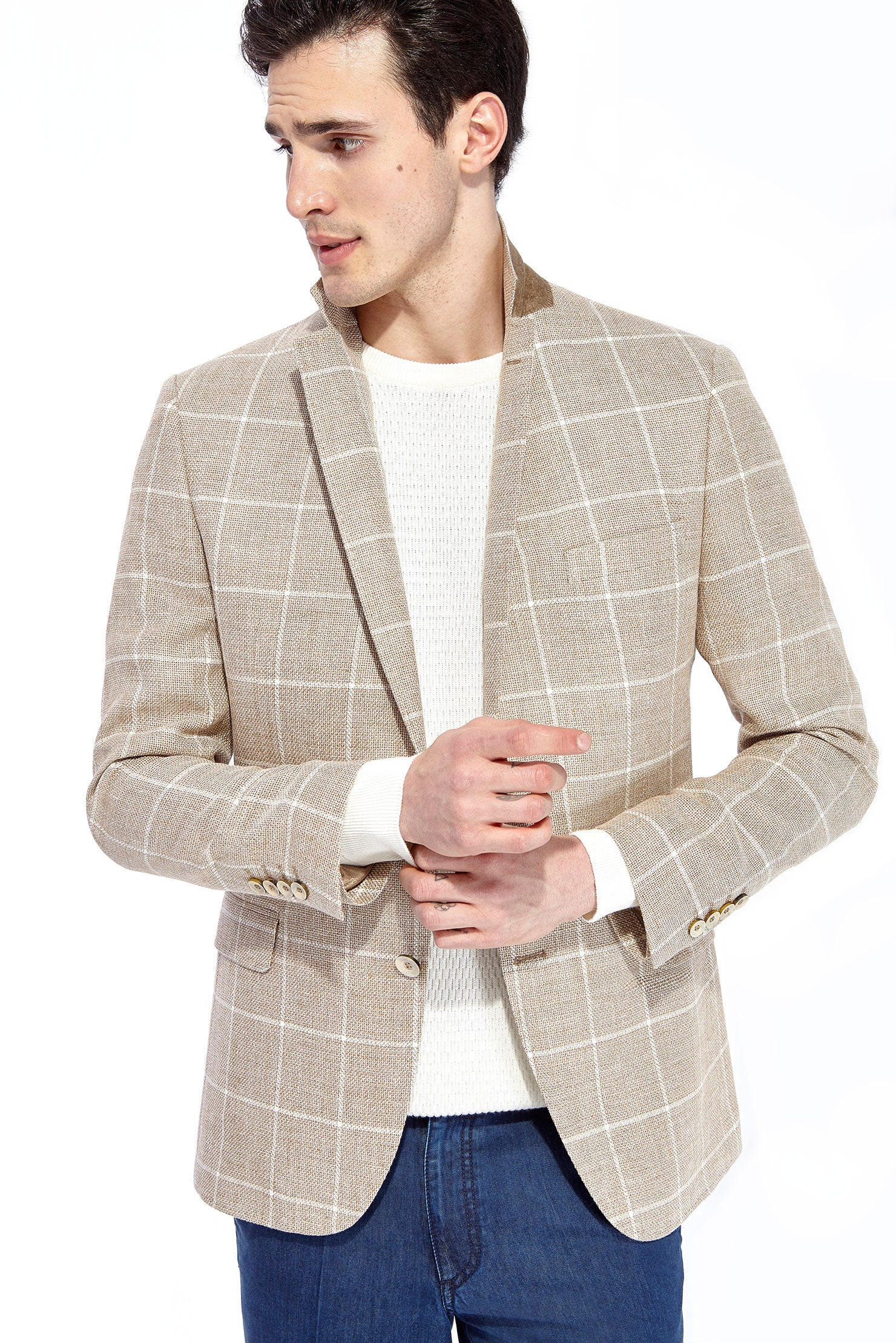 Açık Kahve - Camel İtalyan Yünlü Kareli Ceket