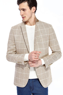 Açık Kahve - Camel İtalyan Yünlü Kareli Ceket