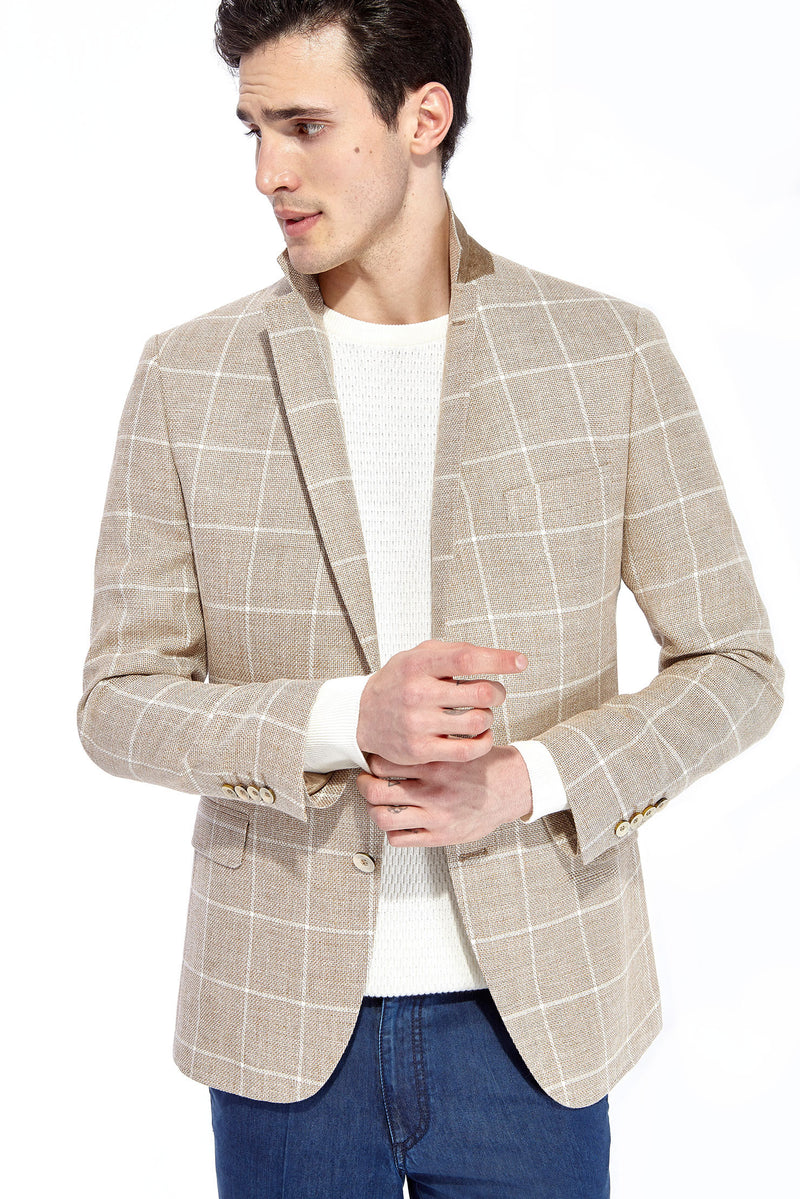 Açık Kahve - Camel İtalyan Yünlü Kareli Ceket