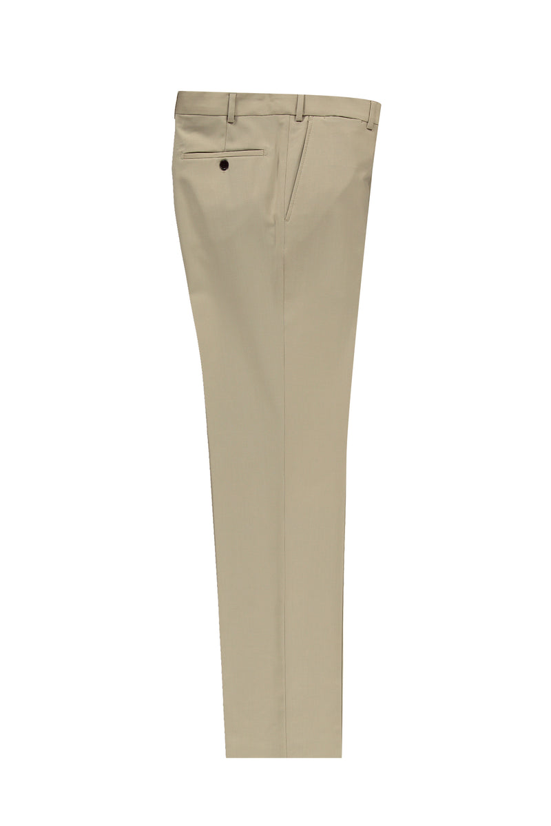 Bej Slim Fit Dar Kesim Yünlü Klasik Kumaş Pantolon