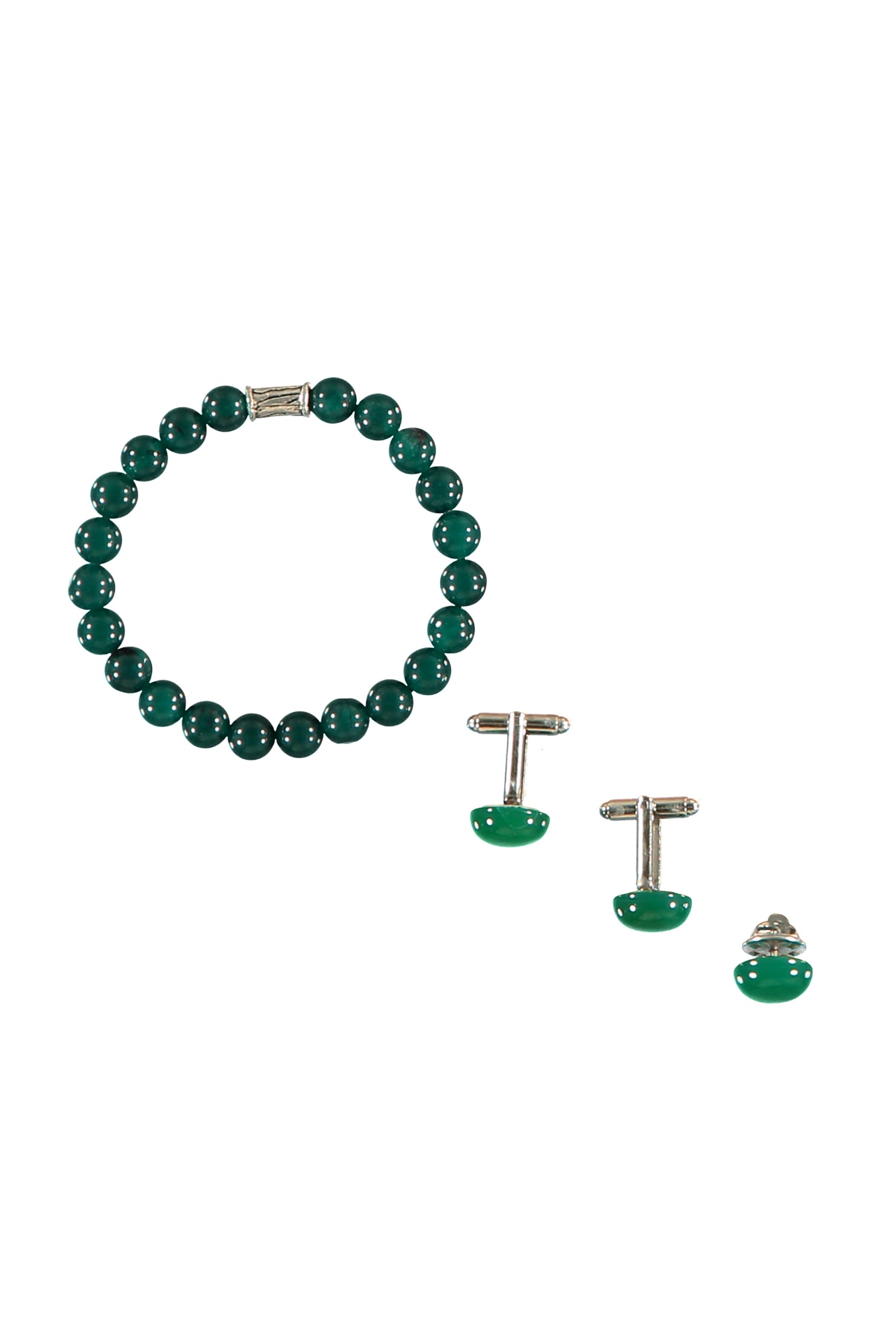 Koyu Yesil 3'lü Bileklik & Rozet & Kol Düğmesi Seti