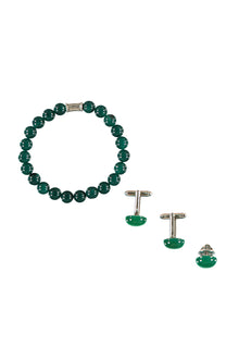 Koyu Yesil 3'lü Bileklik & Rozet & Kol Düğmesi Seti