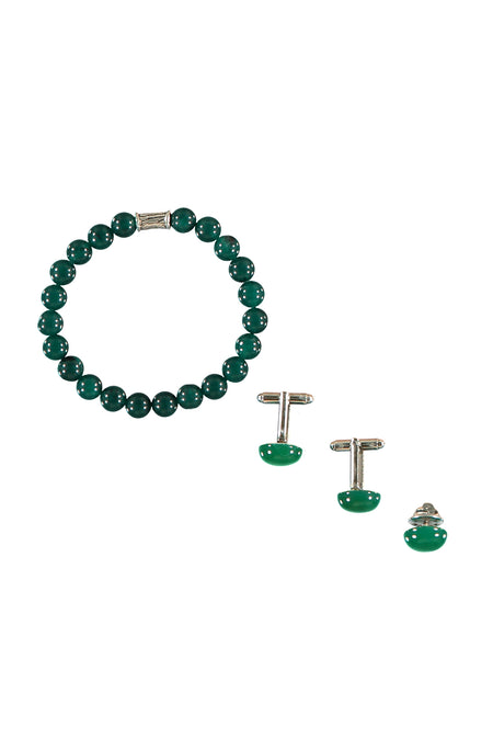 Koyu Yesil 3'lü Bileklik & Rozet & Kol Düğmesi Seti