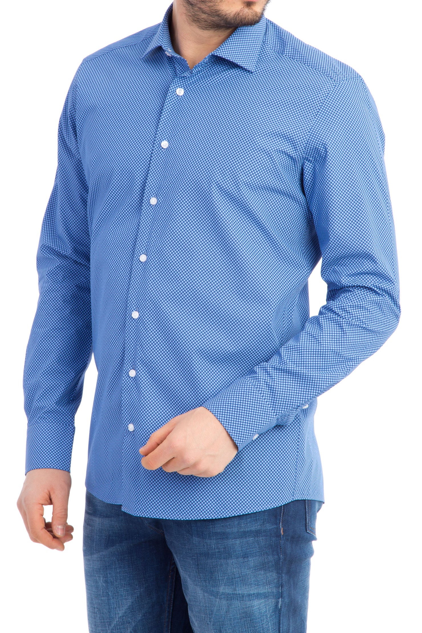 Lacivert Uzun Kol Desenli Slim Fit Dar Kesim Pamuk Gömlek-Abdullah Ki??l?