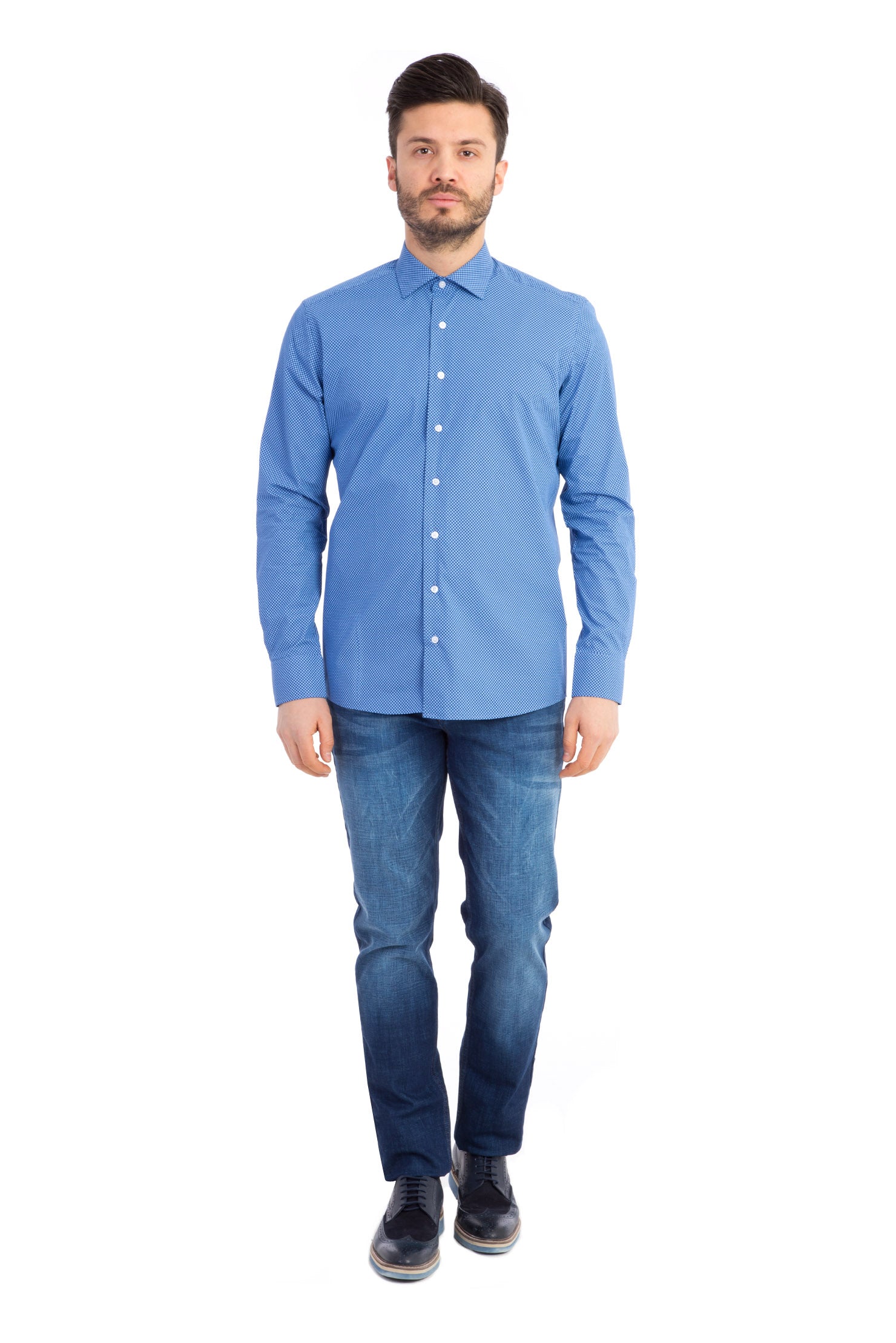 Lacivert Uzun Kol Desenli Slim Fit Dar Kesim Pamuk Gömlek-Abdullah Ki??l?