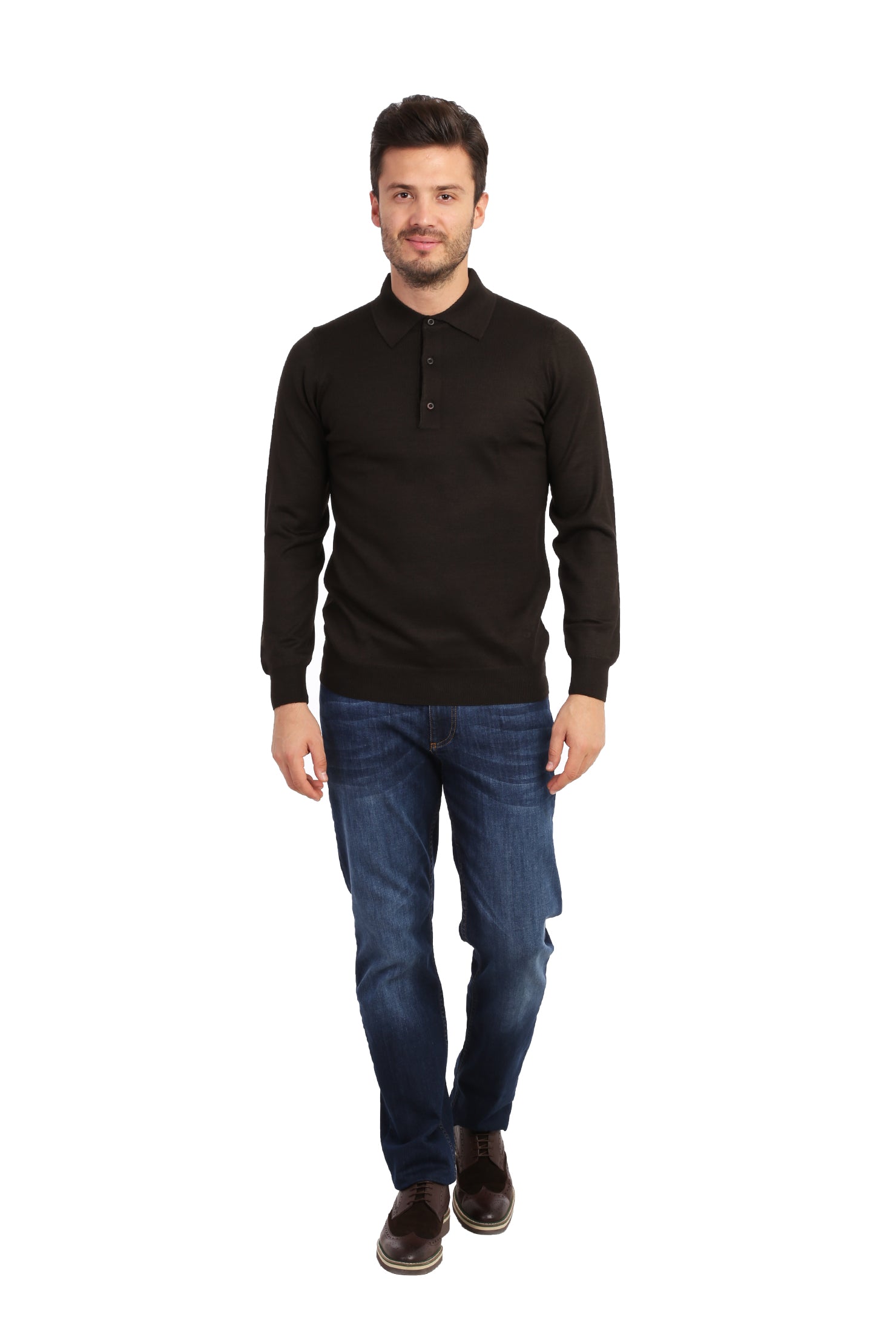 Kahve Düz Polo Yaka Triko