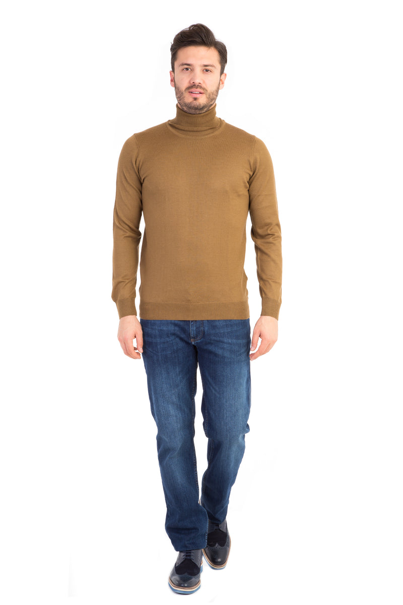 Açık Kahve - Camel Düz Tam Balıkçı Yaka Tr