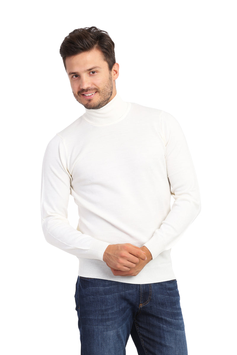 Krem Balıkçı Yaka Regular Fit Yünlü Triko Kazak