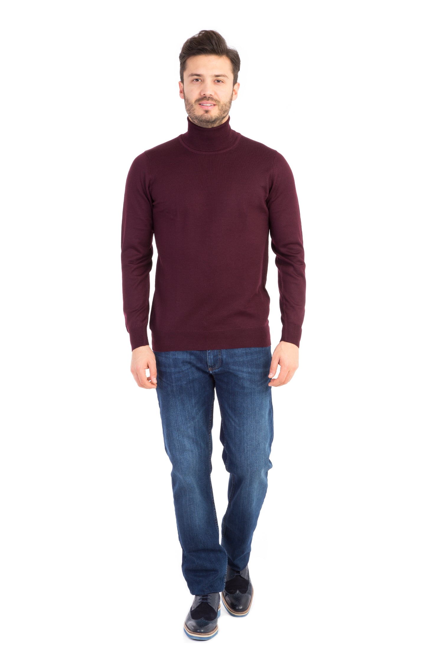 Bordo Balıkçı Yaka Regular Fit Yünlü Triko Kazak