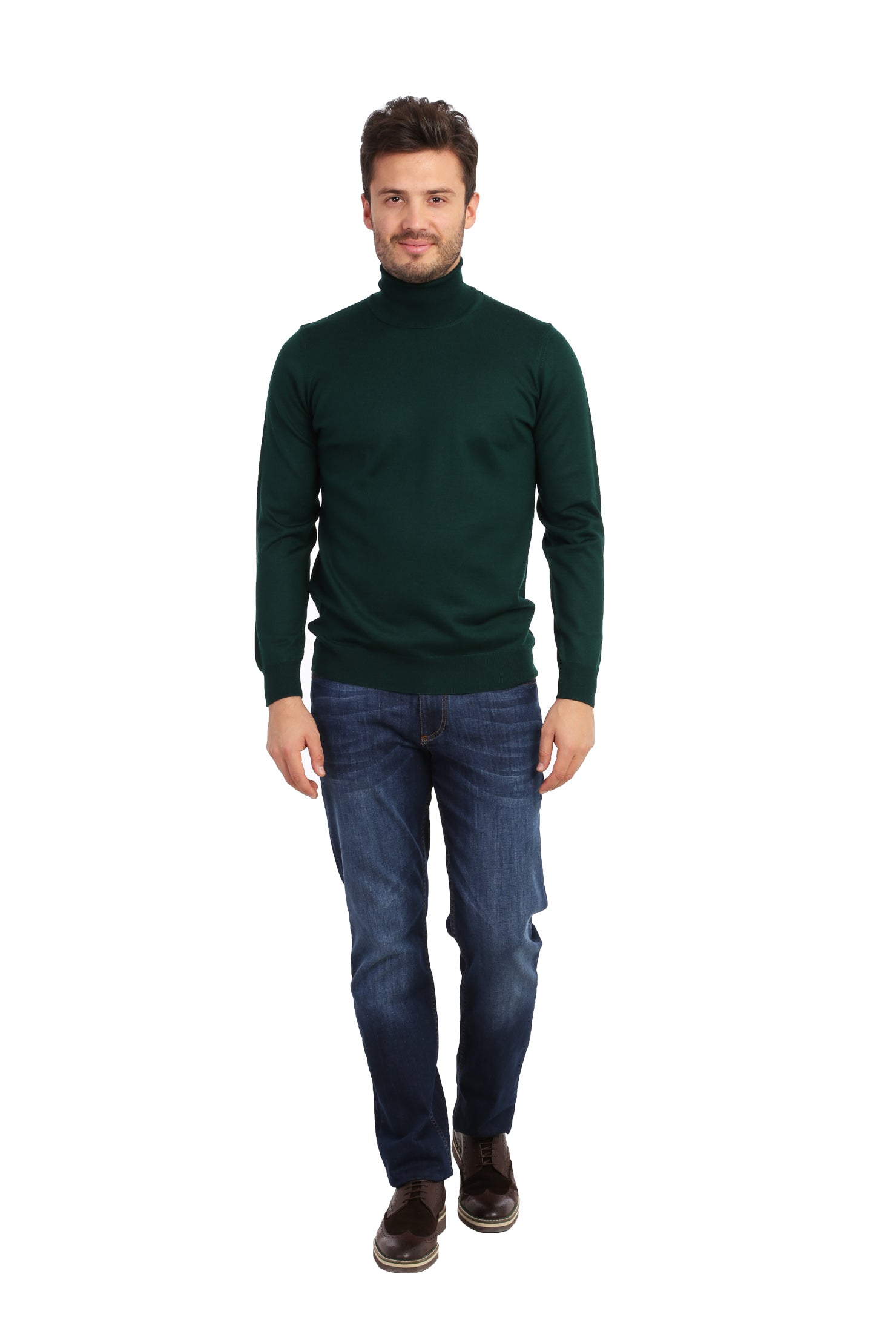 Koyu Yesil Balıkçı Yaka Regular Fit Yünlü Triko Kazak