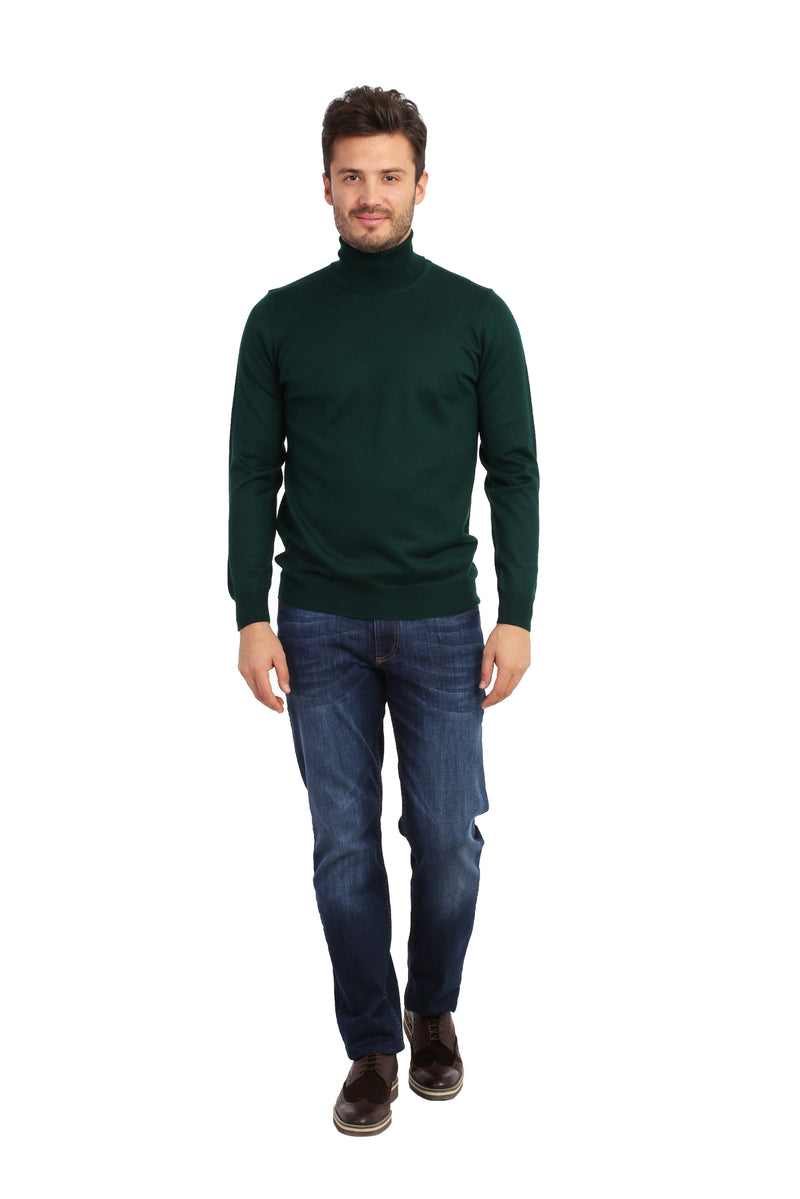 Koyu Yesil Balıkçı Yaka Regular Fit Yünlü Triko Kazak