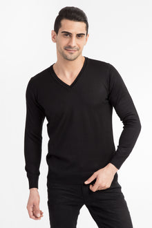 Siyah V Yaka Regular Fit Yünlü Triko Kazak