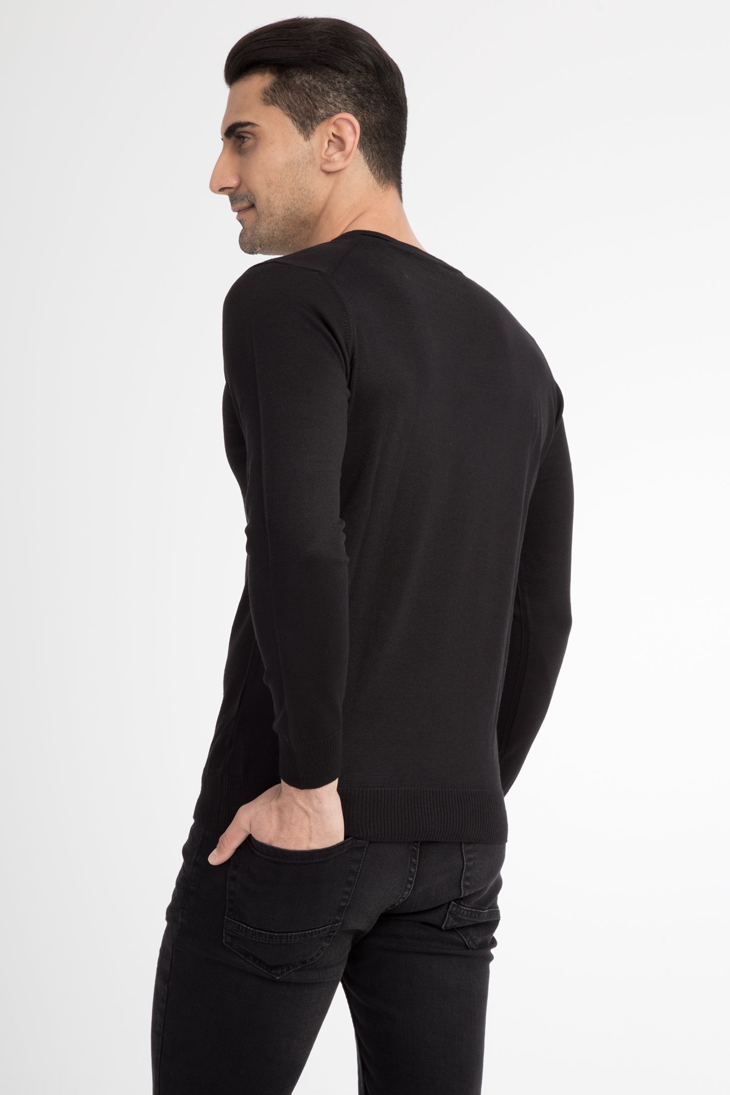 Siyah V Yaka Regular Fit Yünlü Triko Kazak