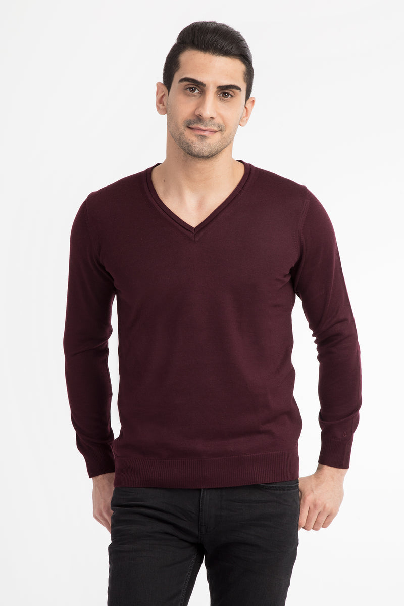 Bordo V Yaka Regular Fit Yünlü Triko Kazak
