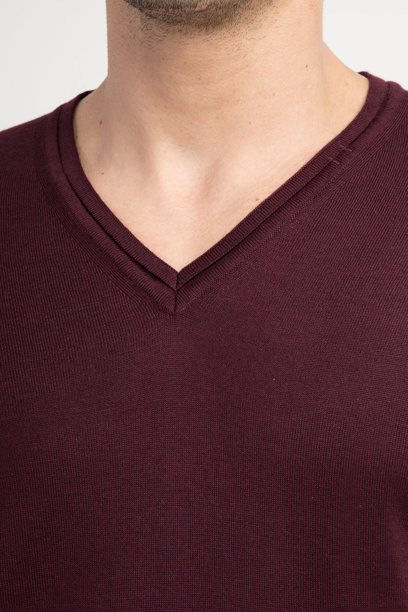 Bordo V Yaka Regular Fit Yünlü Triko Kazak