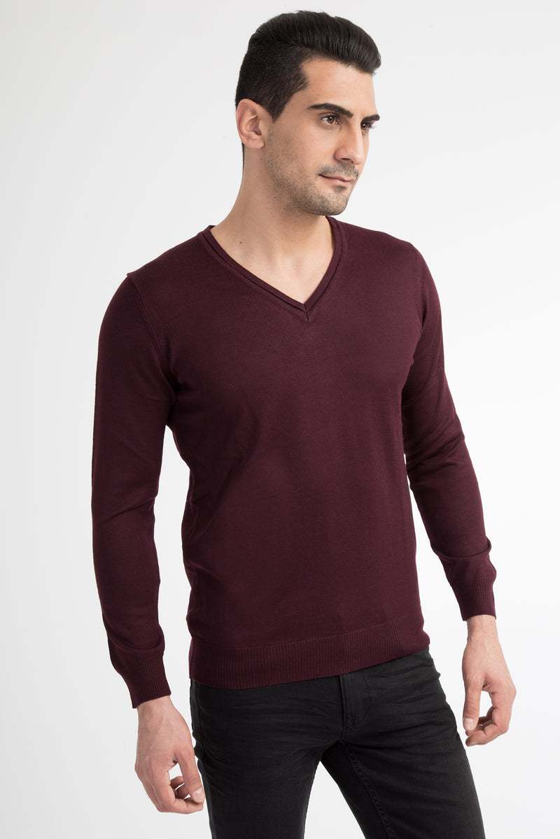 Bordo V Yaka Regular Fit Yünlü Triko Kazak
