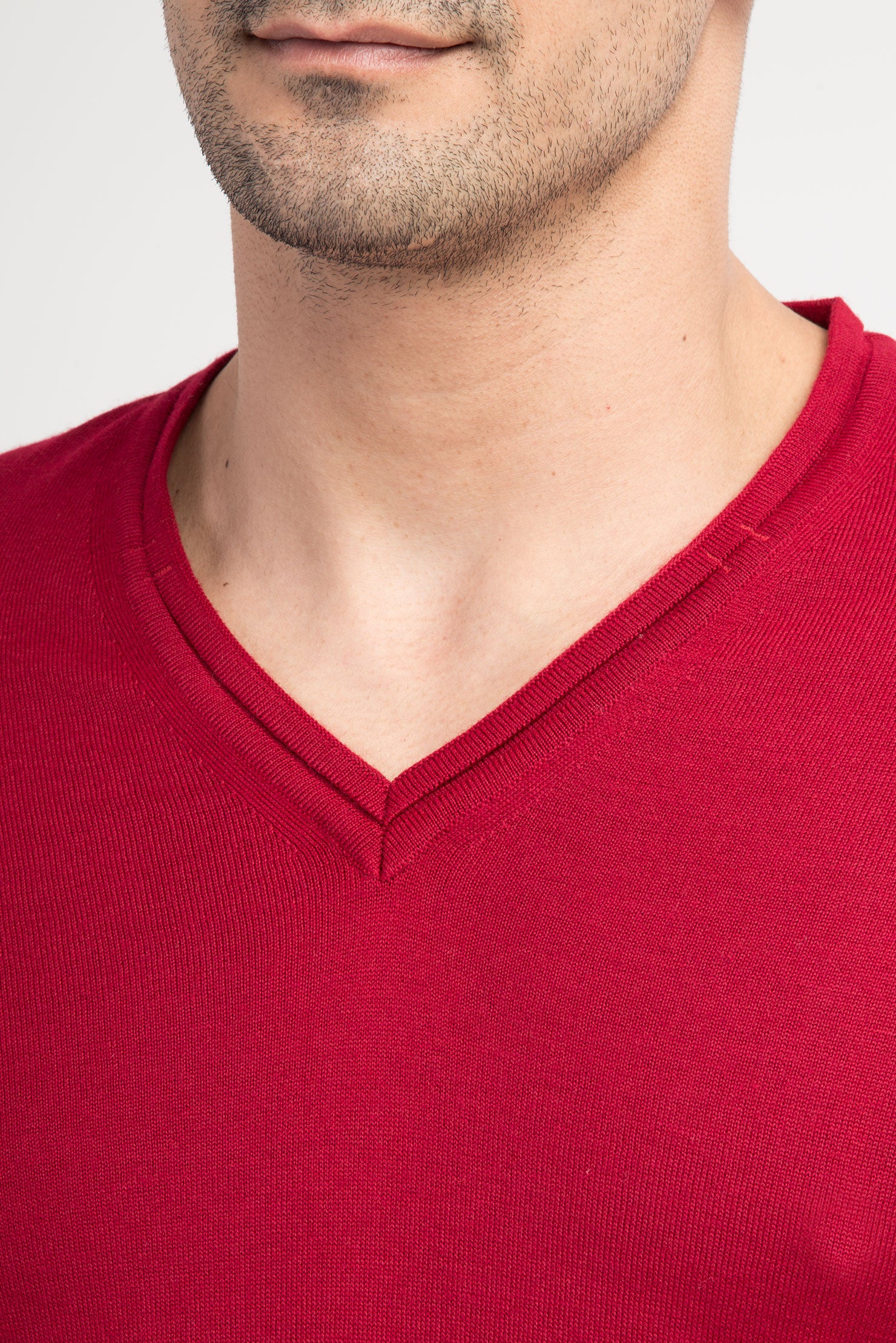 Kırmızı V Yaka Regular Fit Yünlü Triko Kazak