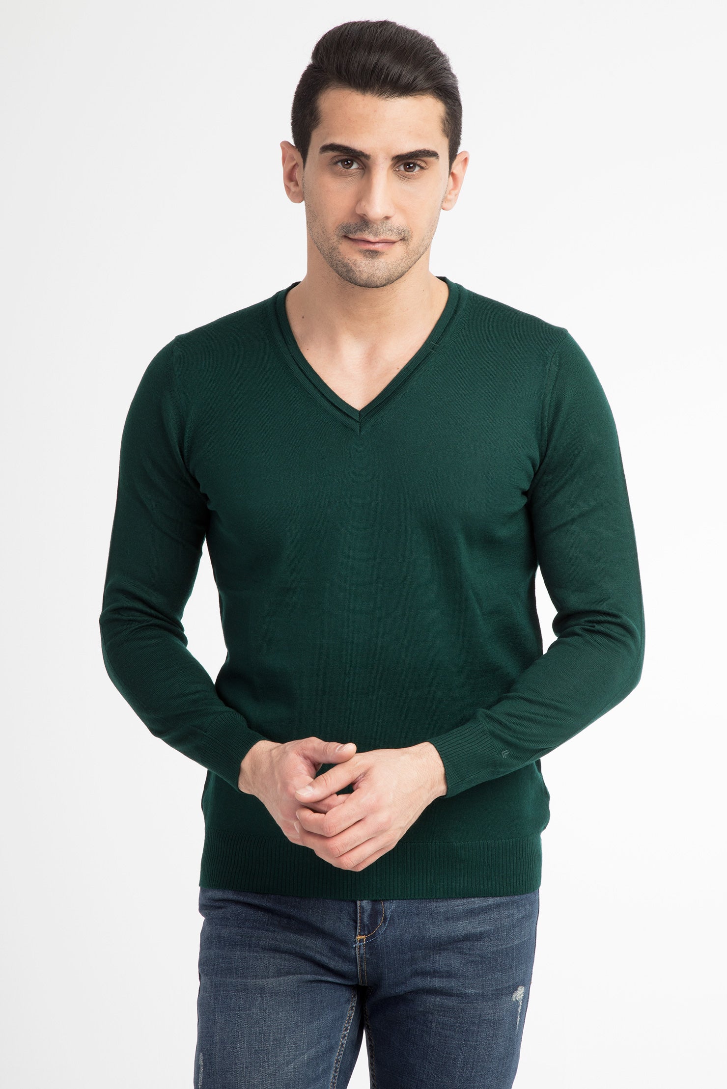 Koyu Yesil V Yaka Regular Fit Yünlü Triko Kazak