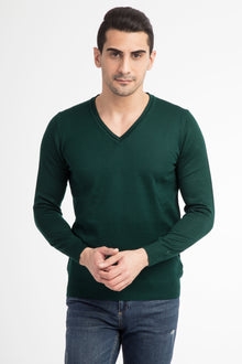 Koyu Yesil V Yaka Regular Fit Yünlü Triko Kazak