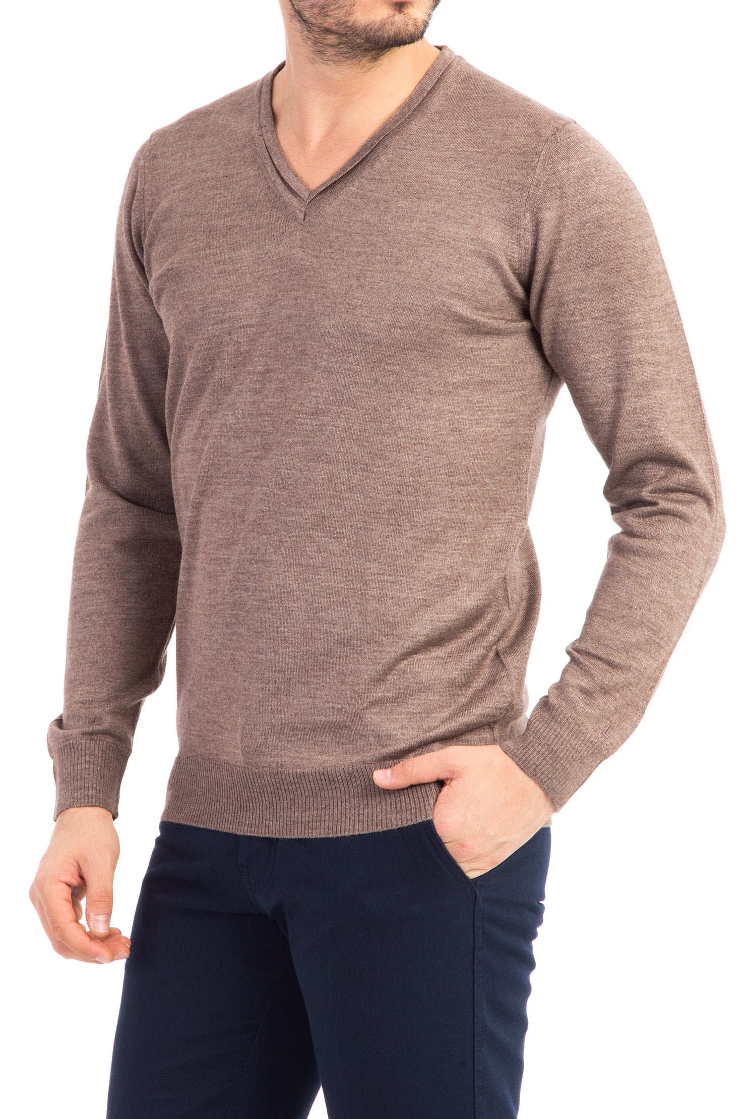 Vizon V Yaka Slim Fit Dar Kesim Yünlü Triko Kazak