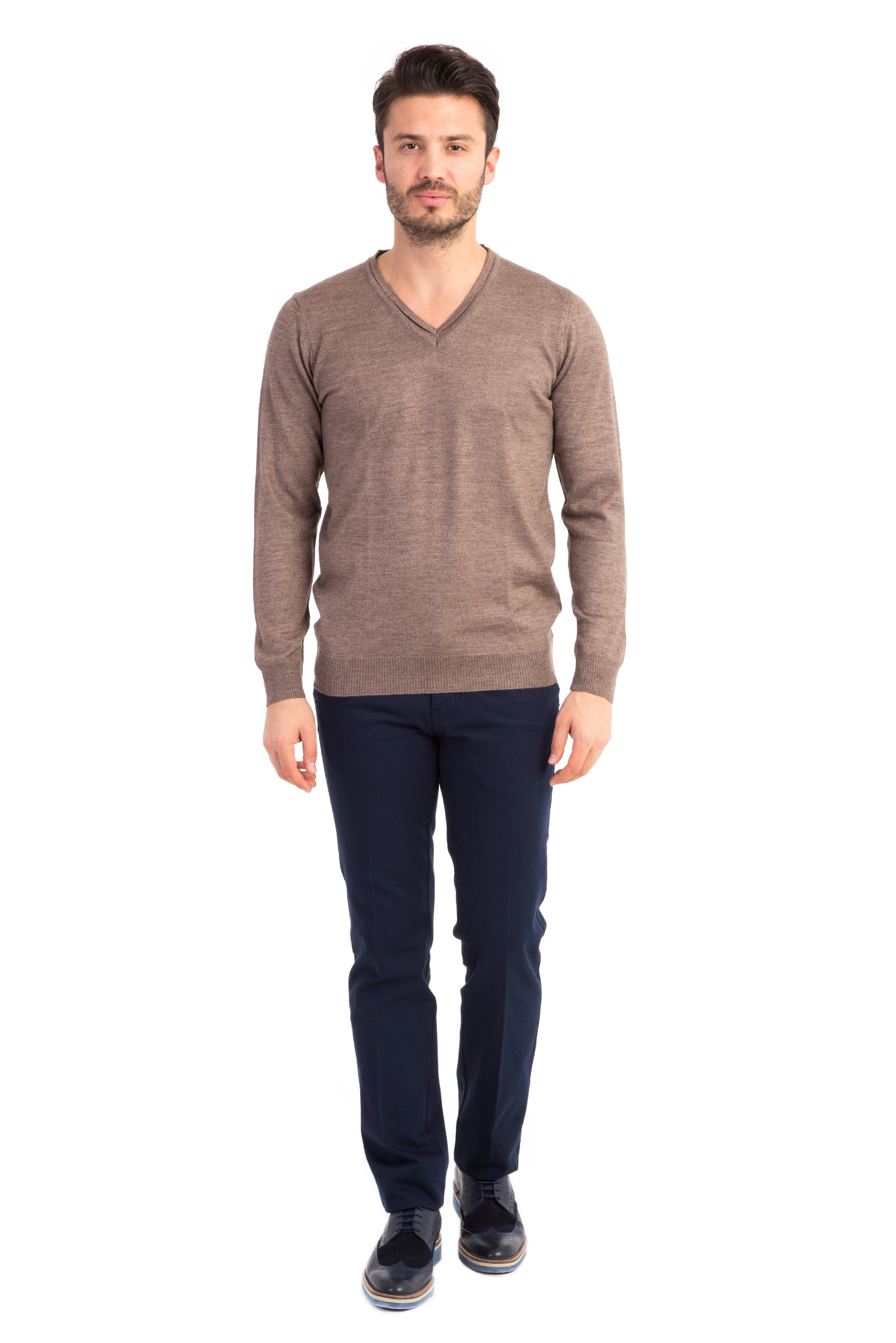 Vizon V Yaka Slim Fit Dar Kesim Yünlü Triko Kazak