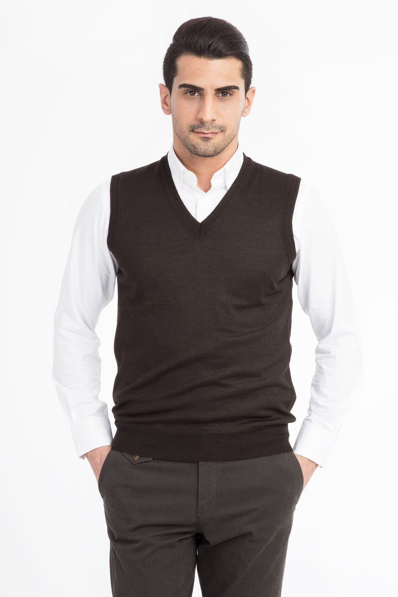 Kahve V Yaka Yünlü Süveter