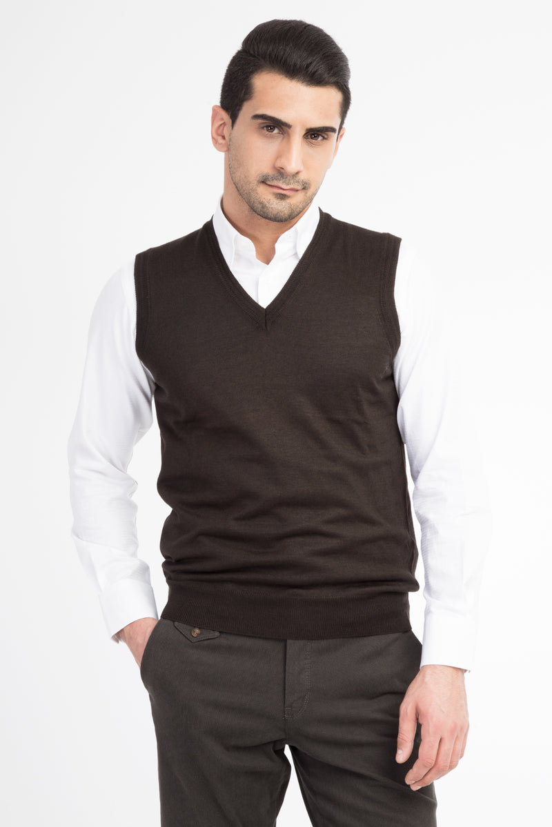 Kahve V Yaka Yünlü Süveter