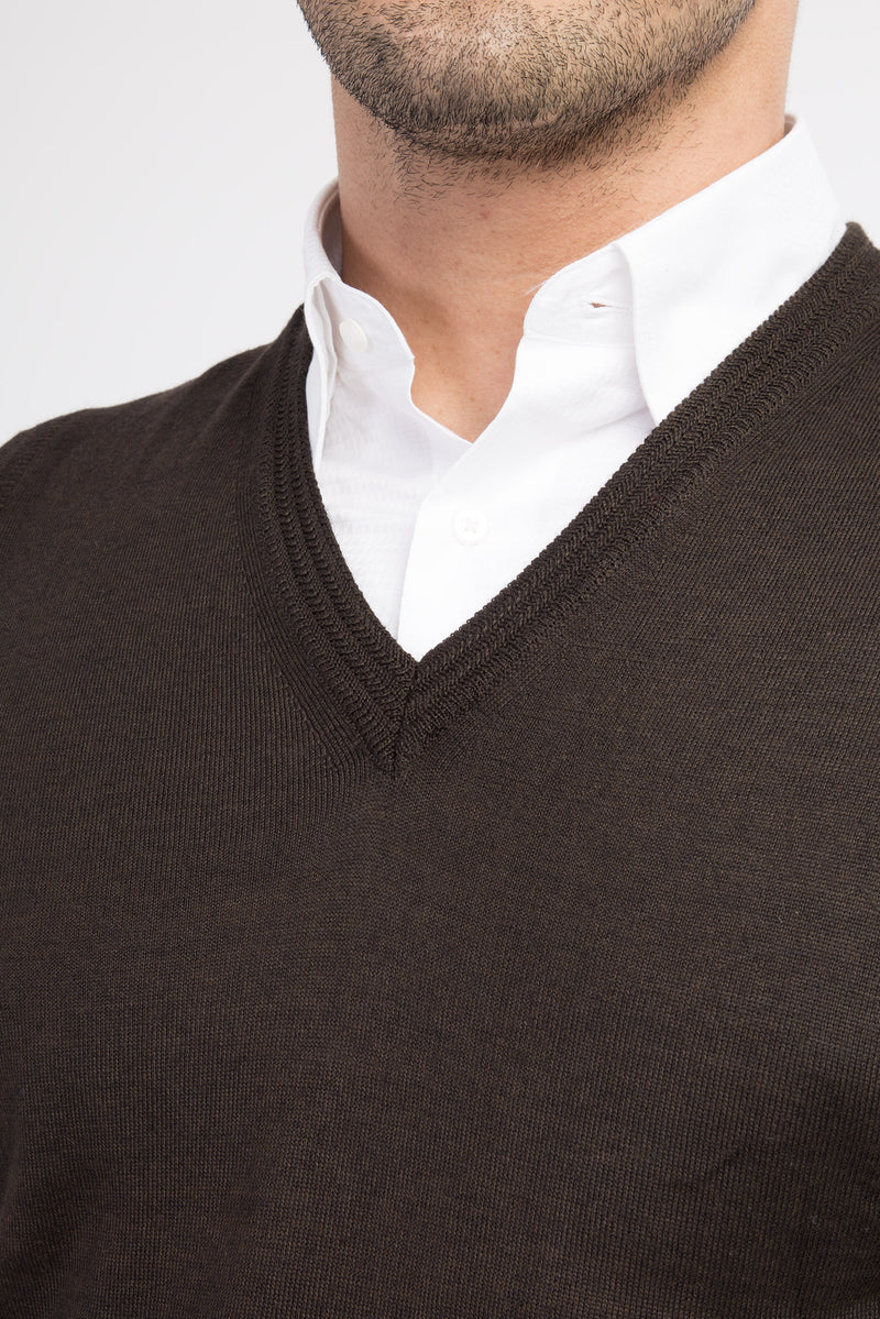 Kahve V Yaka Yünlü Süveter