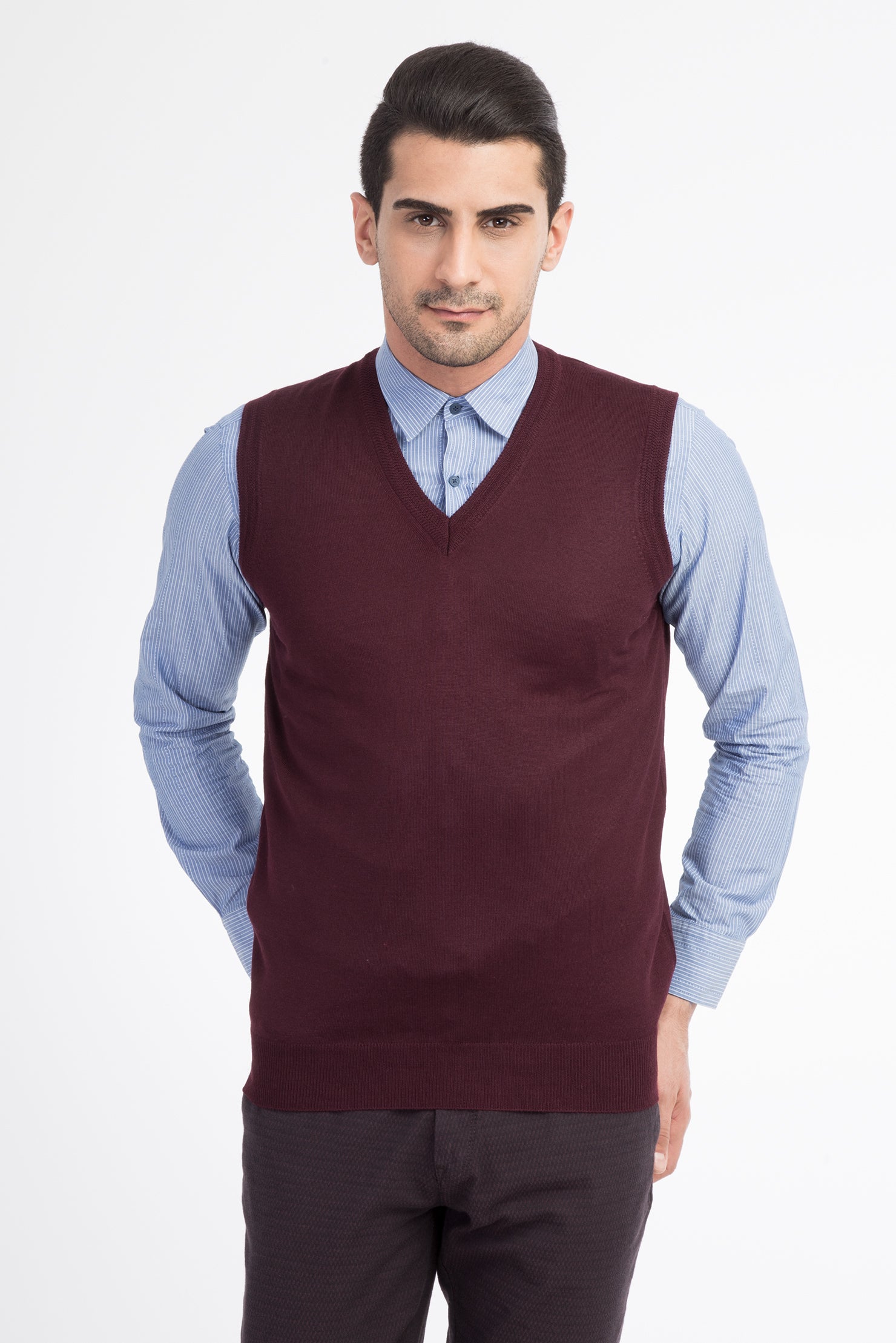 Bordo V Yaka Yünlü Süveter