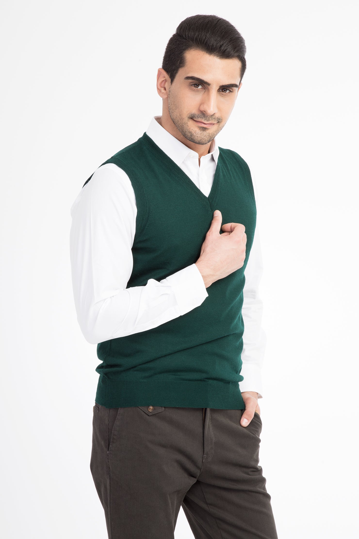 Koyu Yesil V Yaka Yünlü Süveter