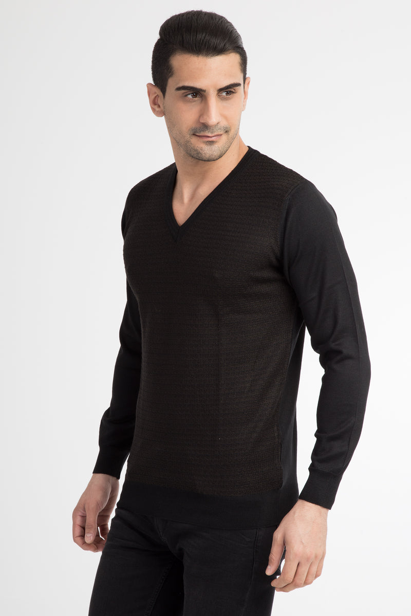 Kahve V Yaka Regular Fit Yünlü Triko Kazak