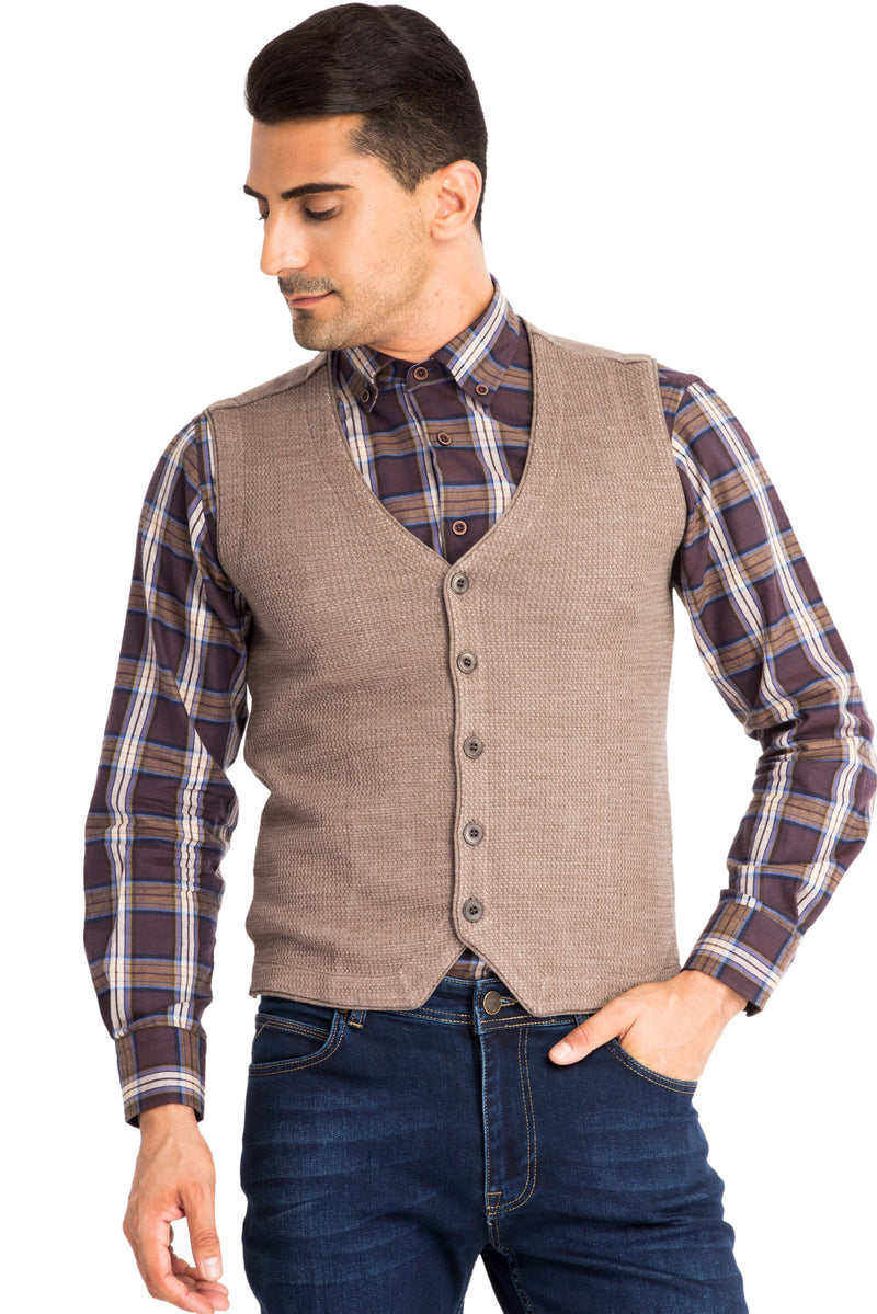 Bej Düğmeli Yünlü Yelek